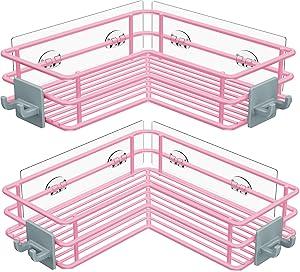 Nieifi Adhesive Corner Shower Caddy Shelf Basket Rack with Hooks, Rust Proof Stainless Steel Bathroom Shelf Shampoo Holder No Drilling (Pink)