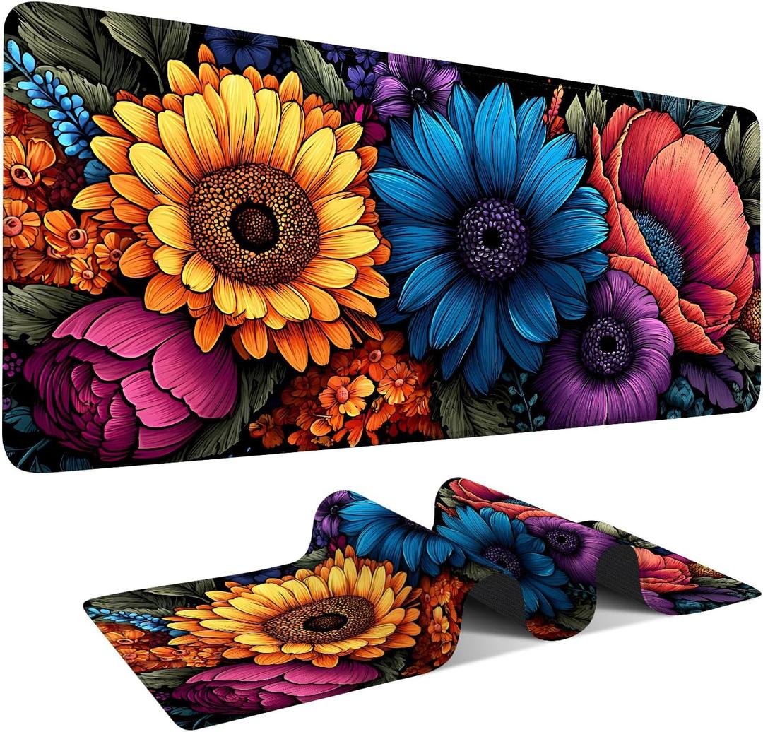 Spring Flowers Extended Gaming Mouse Pad 35.4x15.7Inch Large Desk Mat Anti-Slip Rubber Base & Durable Stitched Edges for Gamers Smooth Mouse Writing Surface for Desk Office/Home
