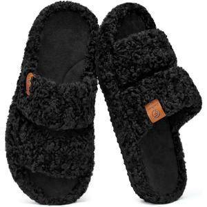 EverFoams Womens Fuzzy Open-toe Slippers Soft Comfy Memory Foam Indoor House Shoes (7-8, Matt Black)