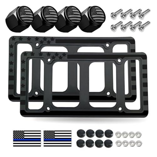 Silicone American Flag License Plate Frames- Rustproof Patriotic Gloss USA Stars and Stripes Flag Black Car Tag Holder Cover, 2 Pack for Front and Rear, with Mount Screws Caps, Automotive Accessories