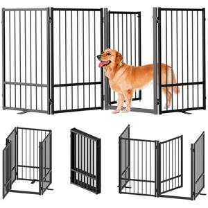 SNUOWU Full Metal Freestanding Dog Gate with Door, 32''Height Foldable Pet Dog Fence for Indoor & Outdoor, 4 Panels Extra Wide Free Standing TallDog Gates for Doorways,House,Stairs,Porch,Deck,Yard