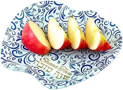 Amazon.com | Rosh Hashanah Glass Apple Plate with Blue and Gold Jewish New Year Hostess Party Favors Cooking Serving Kitchen Accessories Holiday Presents Shana Tova Table Decorations: Serving Trays