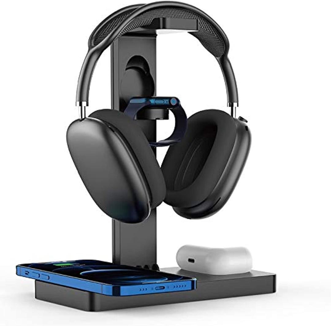 Headphone Stand Headset Holder with Wireless Charger, 4 in 1 Fast Wireless Charging Station for Apple Watch, Air Pods Pro/2, iPhone13/12/11/X, Earphone Hanger with 2 USB-C Ports for Desktop Gamer Room