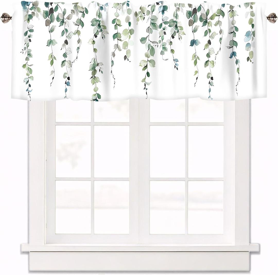Green Eucalyptus Leaves Curtain Valance for Windows Watercolor Green Rod Pocket Window Treatments 1 Panel Short Curtains for Kitchen Windows Bathroom Bedroom,42 x 12 Inch