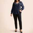 Womens Indigo Solid Texture Pleated Ruffle Trim Blouse V Neck Long Sleeve Top Casual Shirt, XL