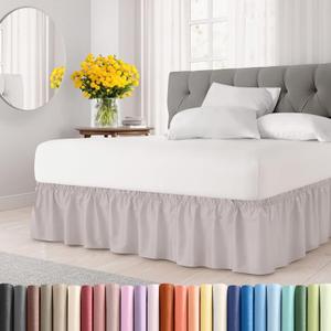 Wrap Around Dust Ruffle Bed Skirt - Light Grey - for King Size Beds with 15 Inch Drop - Elastic Strap - Adjustable Pleated Bedskirt with Brushed Fabric and Wrinkle Free - for Women, Men, Kids & Teens