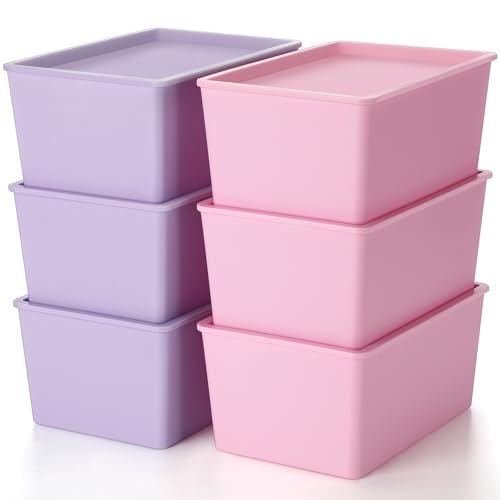 Menkxi 6 Pcs Storage Bins with Lids Small Plastic Storage Containers Stackable Storing Baskets Box Cute Organizer Bins for Organizing Shelves (Pink, Purple)