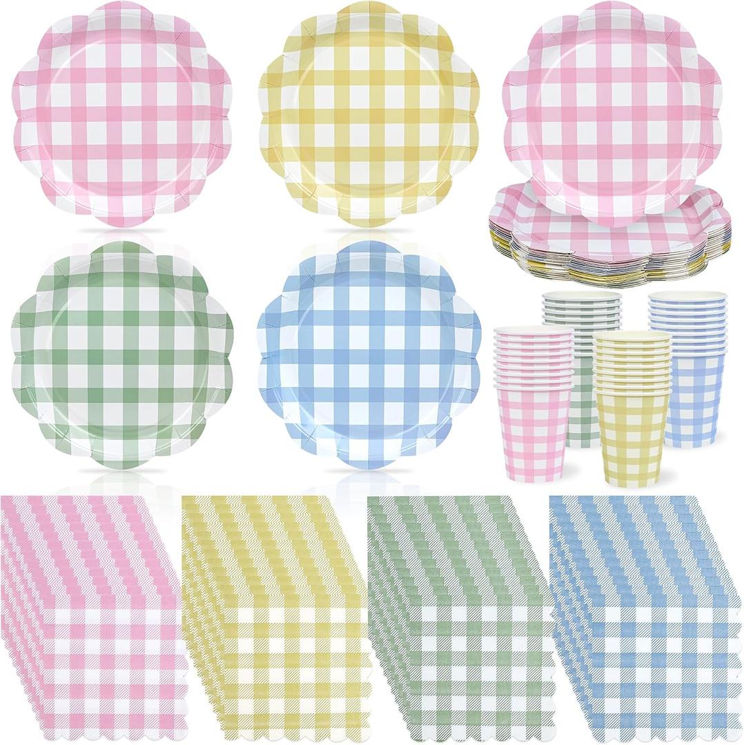 72 Pcs Gingham Party Supplies 9 Inch Easter Party Colorful Dessert Paper Plates and Napkins Disposable Scalloped Picnic Plaid Plates Napkins Cup Checkered Dinnerware Set for Easter Baby Shower Wedding