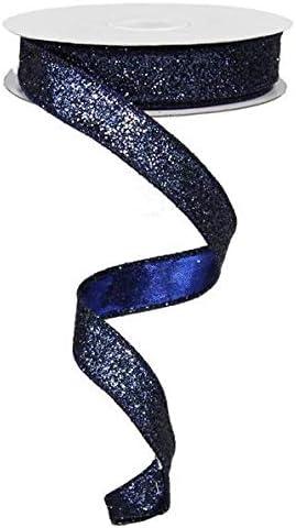 5/8 Inch Glitter on Metallic Ribbon, Wired - 10 Yards (Navy Blue)