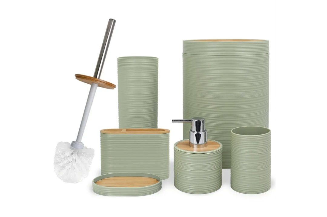 CERBIOR Bathroom Accessories Set 6 Piece Bamboo Bath Ensemble Includes Soap Dispenser, Toothbrush Holder, Toothbrush Cup, Soap Dish for Decorative Countertop and Housewarming Gift, Sriral Green