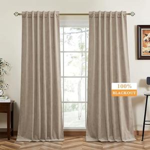 RYB HOME 100% Blackout Velvet Curtains for Living Room, Light Blocking Nursery Curtains 96 inches Long 2 Panels, Back Tab Thermal Insulated Window Drapes for Bedroom, Camel Beige, 52W x 96L