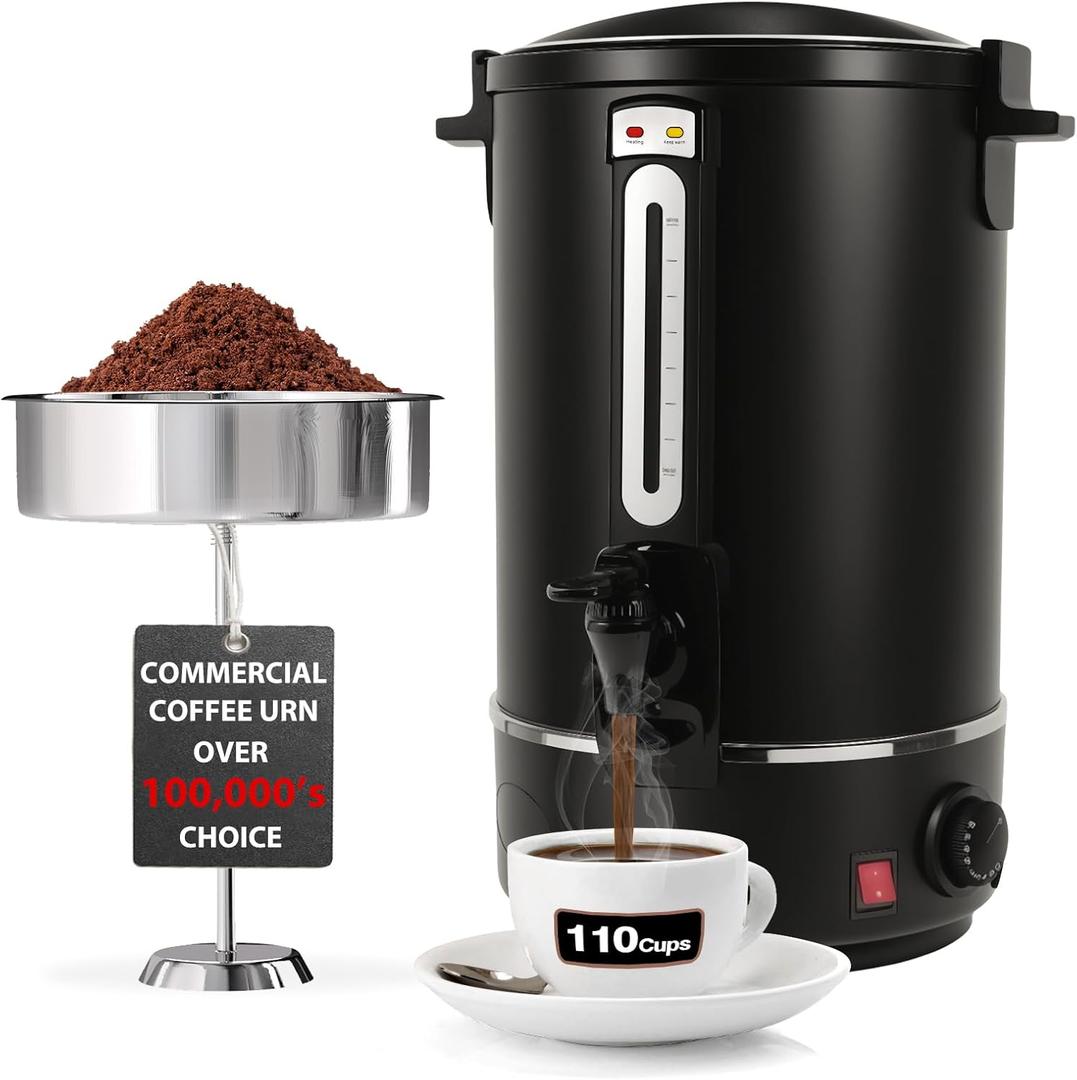 Commercial Coffee Urn, 110-Cup 16L Fast Brew Stainless Steel Hot Beverage Dispenser Electric Hot Water Urn for Wedding, Party, Catering with Easy Cleaning. Black Dispenser (Double Wall)