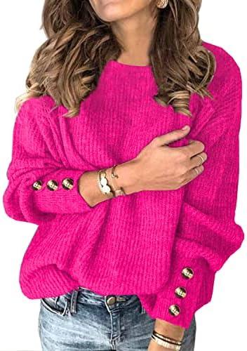 Womens Pullover Sweaters Batwing Long Sleeve Crewneck Casual Loose Knit Jumper Tops with Buttons (Pink,XL)