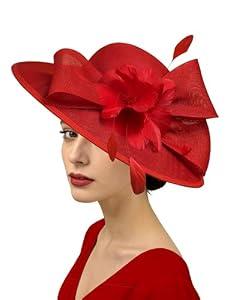 Dressfan Fascinator Derby Hats for Women Vintage Wedding Flower Feather Hair Clip, 20s 50s Headband Hair Accessories Headwear for Derby/ Wedding/ Cocktail/ Tea Party, M36-Red