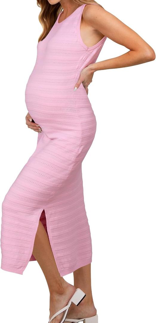 OUGES Women's 2026 Summer Maternity Dress Knit Sleeveless Crewneck Midi Dress Side Slit Striped Bodycon Sweater Dress, Large
