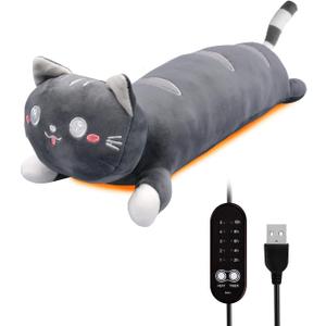 20" Grey Cat Heating Pad for Period Cramps USB Portable Electric 5 Heat Settings 5 Timer Modes Auto Shut Off Plush Stuffed Animal Warmer for Neck Back Pain Relax for Women Kids