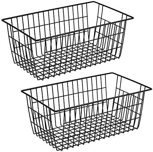 Slideep Farmhouse Large Wire Organizer Storage Bins Freezer Food Storage Basket for Kitchen Cabinets, Office, Bathroom, Pantry Organization Storage Bins Rack with Handles, 2 Pack, Black (15.7"L x 9.5"W x 6.3"H)