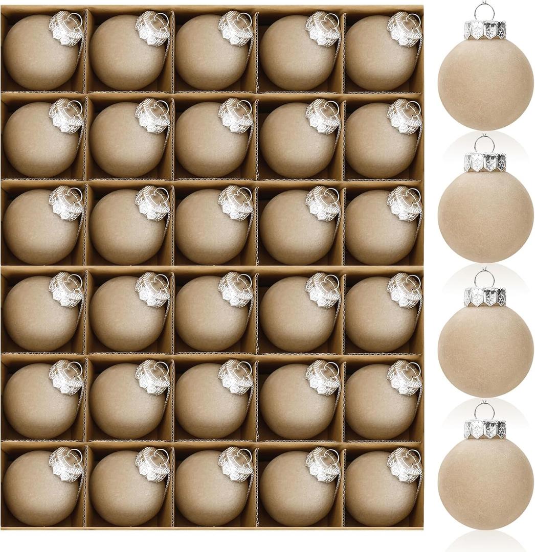 30 Pcs Beige Velvet Christmas Balls,2.36 Inch Flocked Ornaments for Christmas Tree Ball,Flocked Ornaments Shatterproof Plastic Xmas Balls for Family Holiday Wedding Party Xmas Hanging Decoration