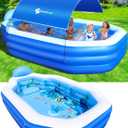 StarOcean Inflatable Pool with Canopy, Large Inflatable Swimming Pool for Kids, Adult, Blowup Pools with Seats, Backrest. Durable Thickened Inflatable Family Pools for Backyard, Dark Blue-120"x75"x20"