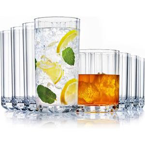 US Acrylic Faceted Clear Plastic Reusable Drinking Glasses Set of 8, 14oz Rocks and 18oz Water Tumblers, BPA-Free, Made in USA, Top-Rack Dishwasher Safe