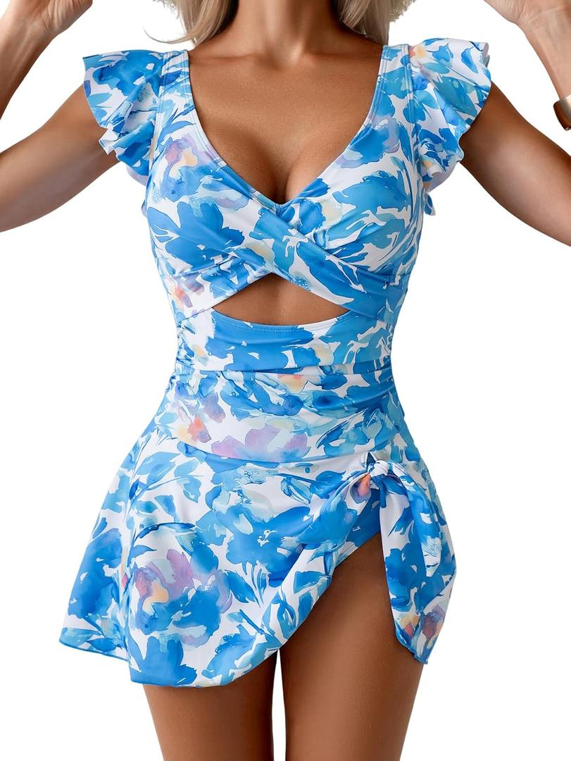 Aidonger One Piece Swimdress Swimsuit for Women Tummy Control Ruffle Swim Dress Skirt V Neck Cutout Wrap Bathing Suit, Large 