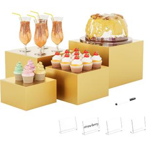Metal Buffet Risers,4PCS Food Risers for Buffet Table 5in to 8in Display Stand with Mini Acrylic Signs for Catering Dessert Collectibles Jewelry Figures Show Gold Cube Boxes Nesting Risers with Hollow Bottoms