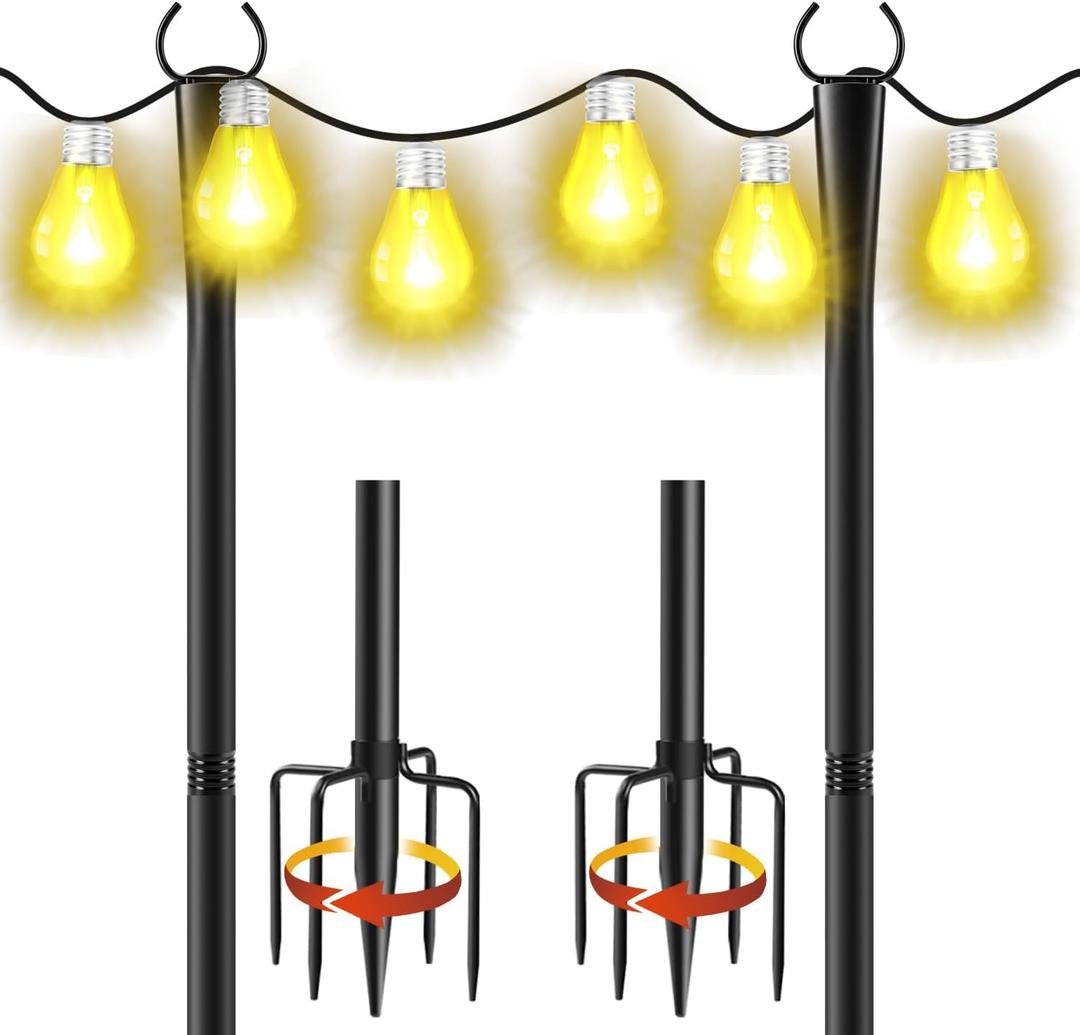 2 Pack 10Ft String Light Poles, Metal Poles with Fork for Outside Lights,Outdoor Metal Light Stand with Fence Brackets Hanging Lights for Garden Patio Wedding Backyard Deck Party