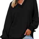 Dokotoo Women's V Neck Long Sleeve Waffle Knit Tops Off Shoulder Oversized Pullover Sweater (Black)