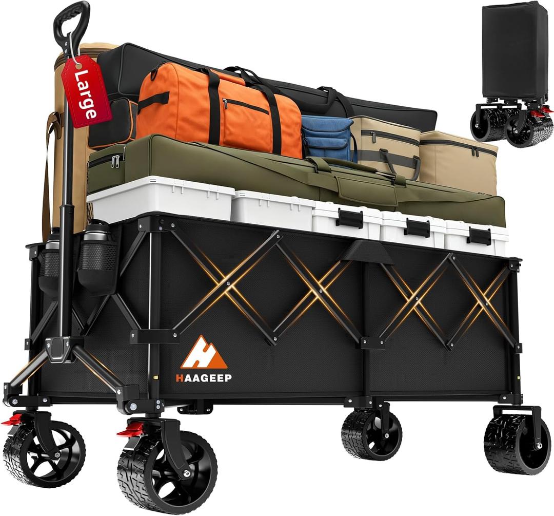 Collapsible Wagon Cart with Wheels Foldable - Folding Utility Heavy Duty Wagons Carts for Grocery Sports Garden Shopping Camping Wheelbarrows (Black,300L)