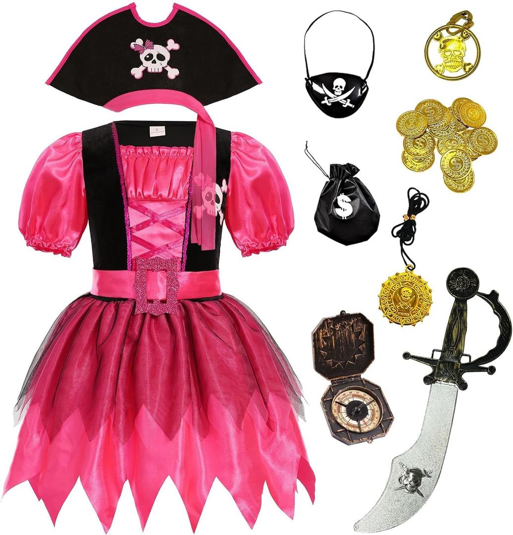 SIZGAROOT Girls Pirate Costume Kids with Accessories Halloween Party Dress Up (3-4T, Pink)