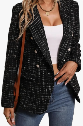 MINA SELF Women's Casual Slim Notched Plaid Tweed Blazer Elegant Open Front Long Sleeve Business Work Jacket Dress Coat Large