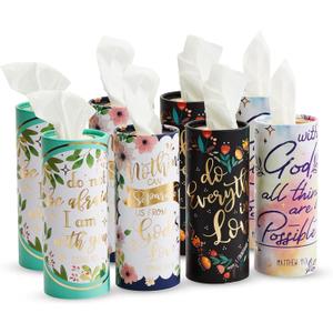 Zodaca 8-Pack Car Tissues Cylinder Boxes - Round Travel Wipes for Car Cup Holder (50 Tissues Per Container, Gold Foil Scripture Design)