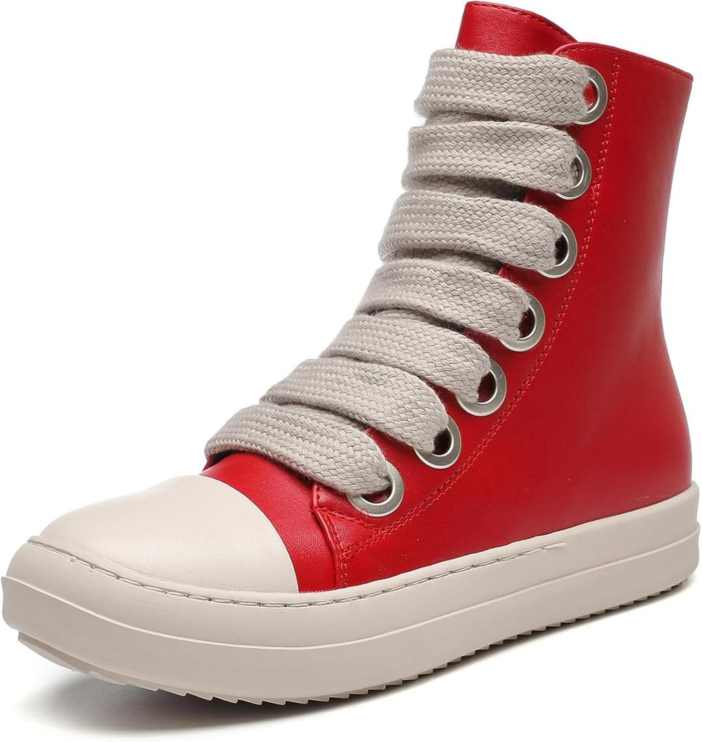 MOFEEDOUKA Womens High Top Sneakers Thick Shoe Laces PU Leather Comfort Platform Walking Shoes with Zipper (8, Red Pu)