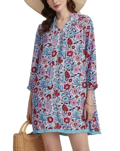 YEXPINE Women's Floral Print Cover Up Boho Tassel Tie Neck 3/4 Sleeve Casual Beach Summer Vacation Mini Dress, Size Small