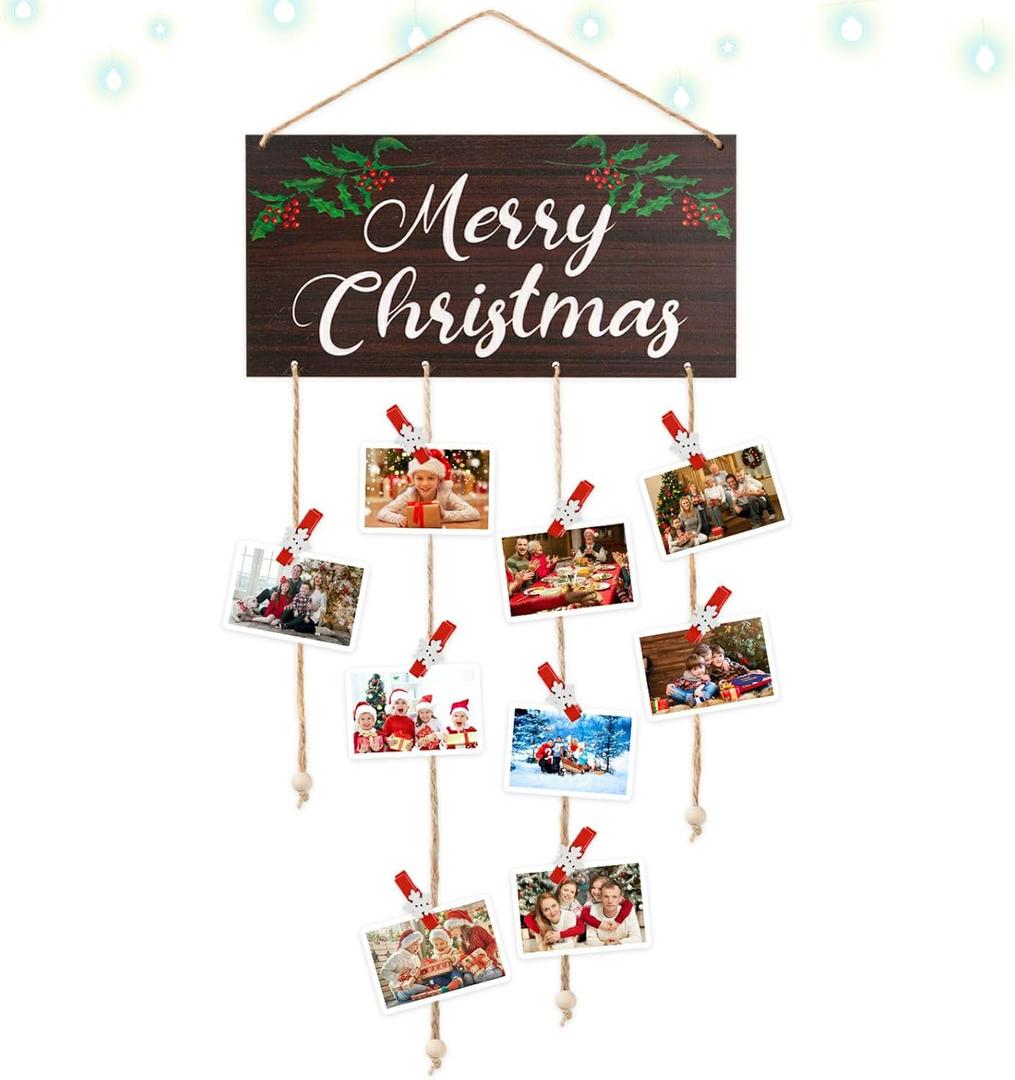 Christmas Card Holder, Merry Christmas Wooden Hanging Picture Holders, Xmas Card Display with 30 Photo Clips, Xmas Holiday Card Photo Holder Merry Christmas Sign (Brown, Merry Christmas)