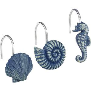 Sunlit Seashells Decorative Shower Curtain Hooks, Blue Ocean Creatures Coastal Shower Curtain Rings, Resin, Nautical Bathroom Decoration Beach Shower Curtain Hooks-12 Pack