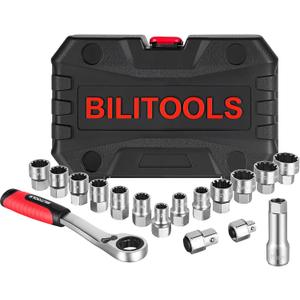 BILITOOLS 17PCS 3/8" & 1/2 Pass Through Socket Set, 2-In-1 Conversion For Standard Ratchet/Pass-Through Ratchet, Pass Thru Go Through Mechanics Tools Set For Hex, Square, E-Torx, Spline