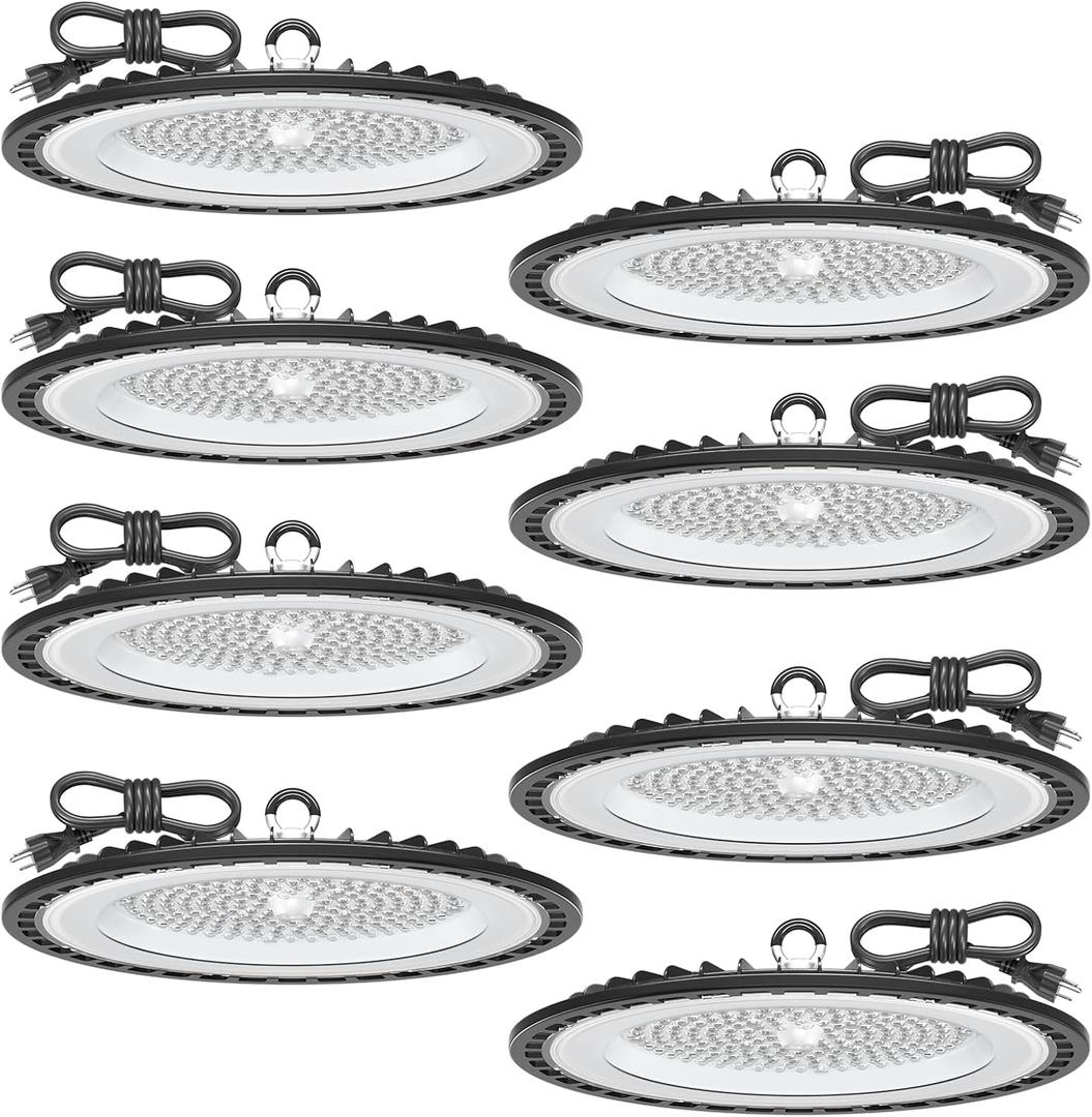 UFO LED High Bay Light 150W 22500LM 5000K, 600W HID/HPS Replacement, Cable with Plug, Ultrathin Led High Bay Shop Lights for Warehouse Garage Gym, Workshop 8Pack