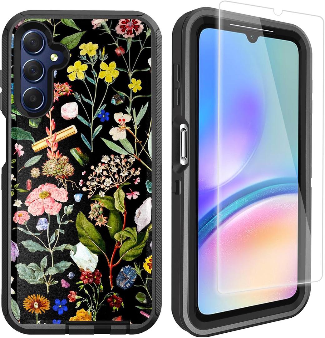 Compatible for Samsung Galaxy A15 5G Case with Screen Protector [Military Grade Protection] Cute Floral Design Heavy Duty Shockproof Case for Girls Women, Black Flowers