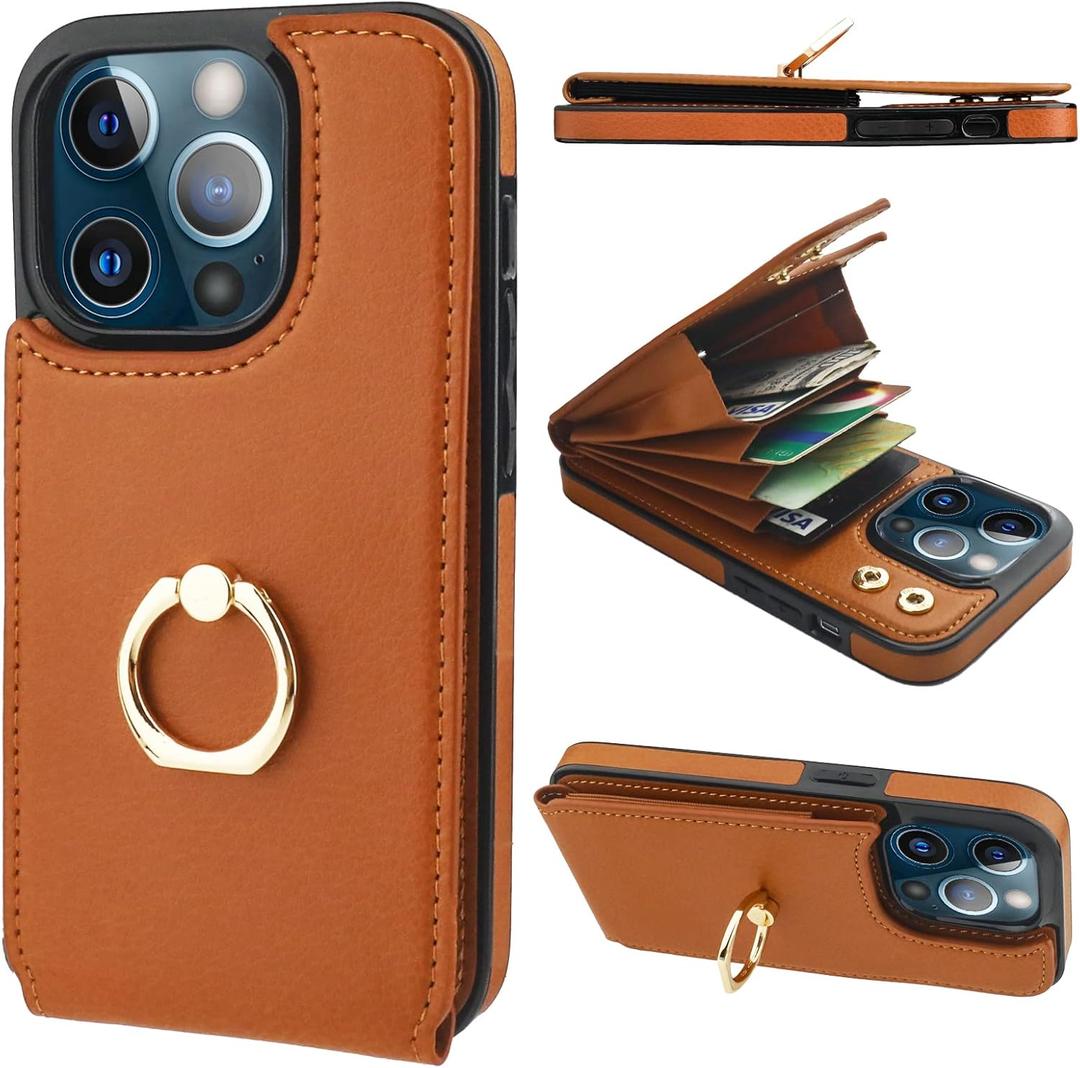 Folosu Compatible with iPhone 13 Pro Case Wallet with Card Holder, 360Rotation Finger Ring Holder Kickstand Protective RFID Blocking PU Leather Double Buttons Flip Shockproof Cover 6.1 Inch Brown