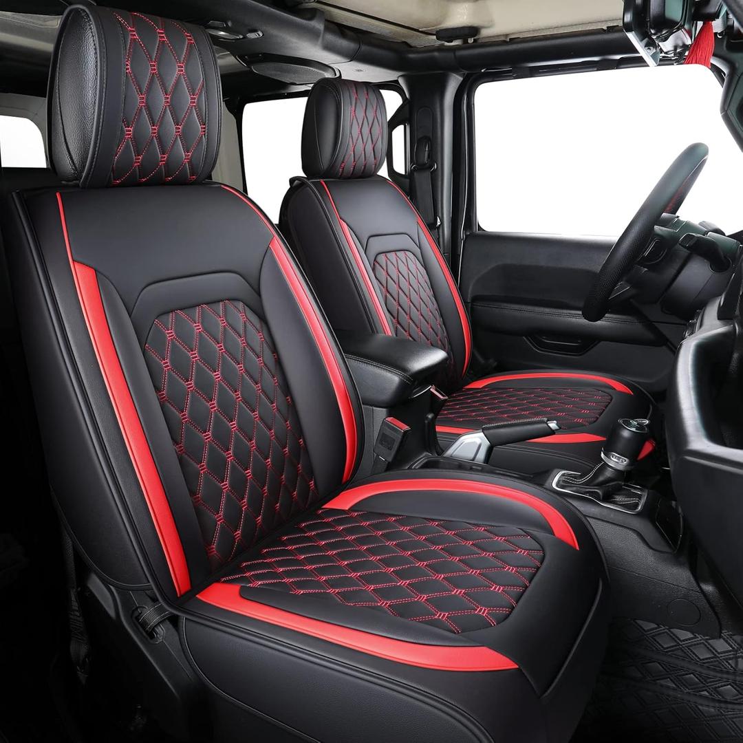 Aierxuan Jeep Wrangler JK JL 4-Door Seat Covers Full Set Custom Fit 2007-2025 Unlimited X Rubicon 392 Sahara Willys Sport High Altitude 4X4 Truck Pickup Waterproof Leather (Full Set/Black-R)