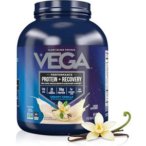 Vega Sport Vegan Protein Powder + Recovery - 30g Plant Based Protein per Serving, Vanilla, 45 Servings, 5g BCAAs, Probiotics, NSF Certified, for Shakes & Smoothies, 4.1lbs (Packaging May Vary)