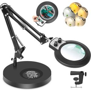 10X Magnifying Glass with Light and Stand, Upgraded Any Color Modes & Stepless Dimming Magnifying Lamp, 2-in-1 Hands Free LED Lighted Magnifier Desk Lamp for Craft Repair Soldering Close Work