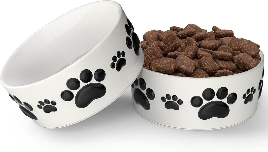 Ceramic Dog Bowls for Small Size Dog - 5'' Round 2 Tall Dog Food Bowl & Water Bowl Set of 2 - Small Dog Bowls with Anti-Slip Rings - 2 Cups Food and Water Bowls for Dogs and Cats
