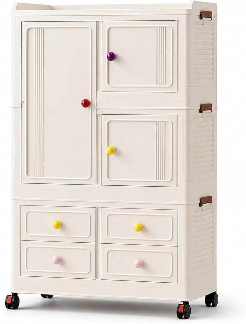 Foldable Storage Cabinet with Locking Wheels & Lids, Heavy-Duty ABS, Large Capacity Closet Organizers and Storage for Home, Apartment, Dorm, Closet - Easy No-Tool Assembly, Style A