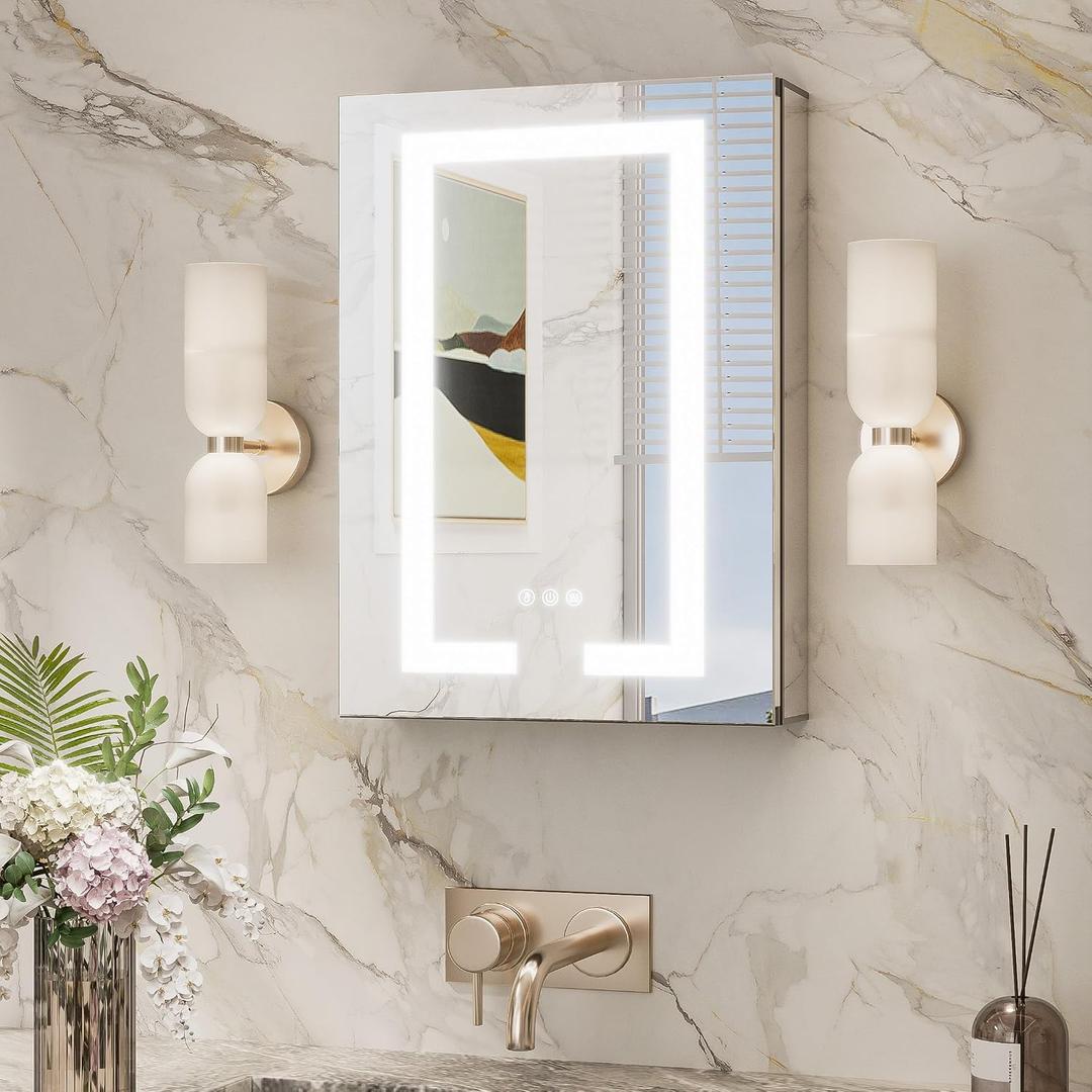TokeShimi 16x24 Led Medicine Cabinet with Lights 3 Colors Dimmable, Lighted Medicine Cabinet Mirror with Outlet and Defogger,2-Side Front Lit Bathroom Mirror with Storage, Surface Mount or Recessed