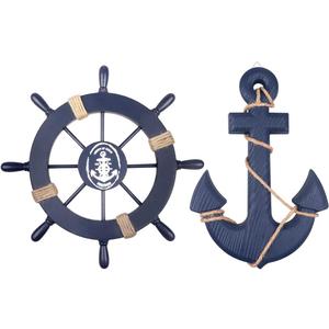 2 Pack 11" Nautical Beach Wooden Ship Wheel and 13" Wooden Anchor with Rope Nautical Boat Steering Wheel Rudder Anchor Wall Art Decor Door Hanging Ornament Beach Theme Home Decoration(Blue)