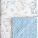 Whale Baby Fleece Blanket Neutral for Boys Girls, Soft Kid Throw Minky Blanket Double Layer with Dotted Backing, 30 x 40 Inch Blue Whale Hot-air Balloon Print