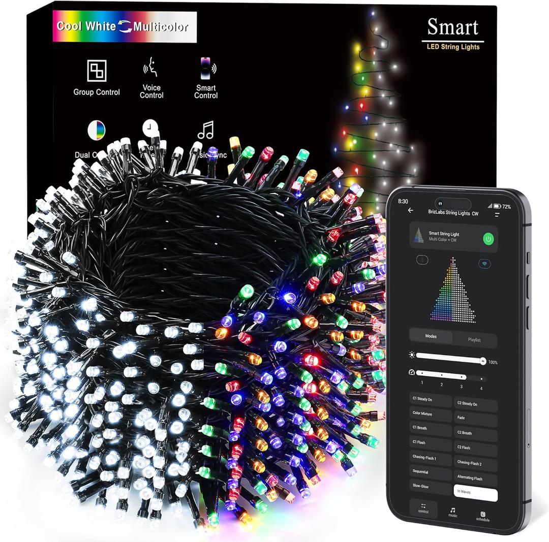 BrizLabs Smart Christmas Tree Lights, 262ft 800 LED Color Changing WiFi Christmas Lights Work with Alexa & Google Home, Cool White & Multicolor APP Xmas Light Music Sync Smart Light for Xmas Tree Home