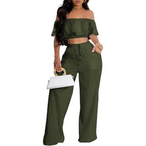 Elegant Two Piece Clothing Sets for Women Sexy Crop Top Long Wide Leg Pants Swimwear Bikini Coverups Vacation Beach (Green, 2XL)